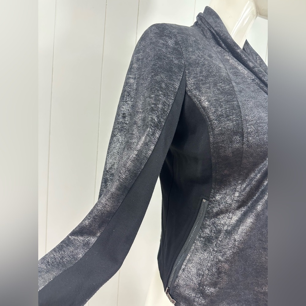 Cache Sz S Black Coated Drape Open Front Cardigan Sweater Side & Sleeve Zip - Picture 4 of 13